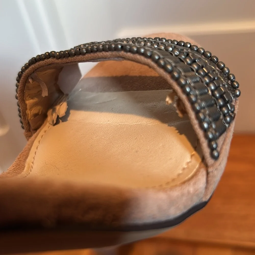 Vince Camuto Taupe Suede Fringe Beaded Open-Toe Heels